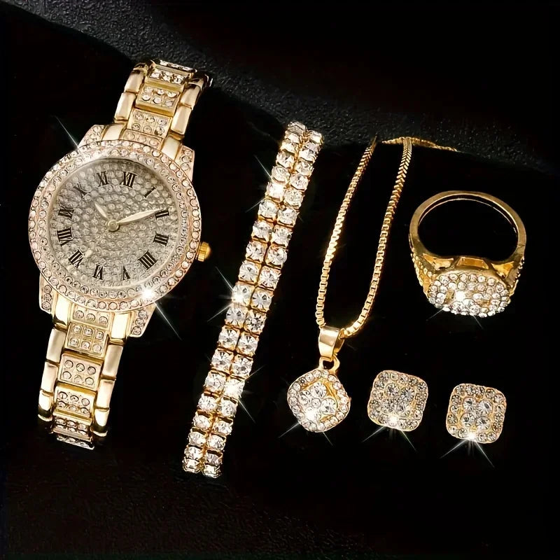 Glamorous 6pcs/set Womens Luxury Rhinestone Quartz Watch with Rome Numerals - Stylish Analog Wrist Jewelry Set, Perfect