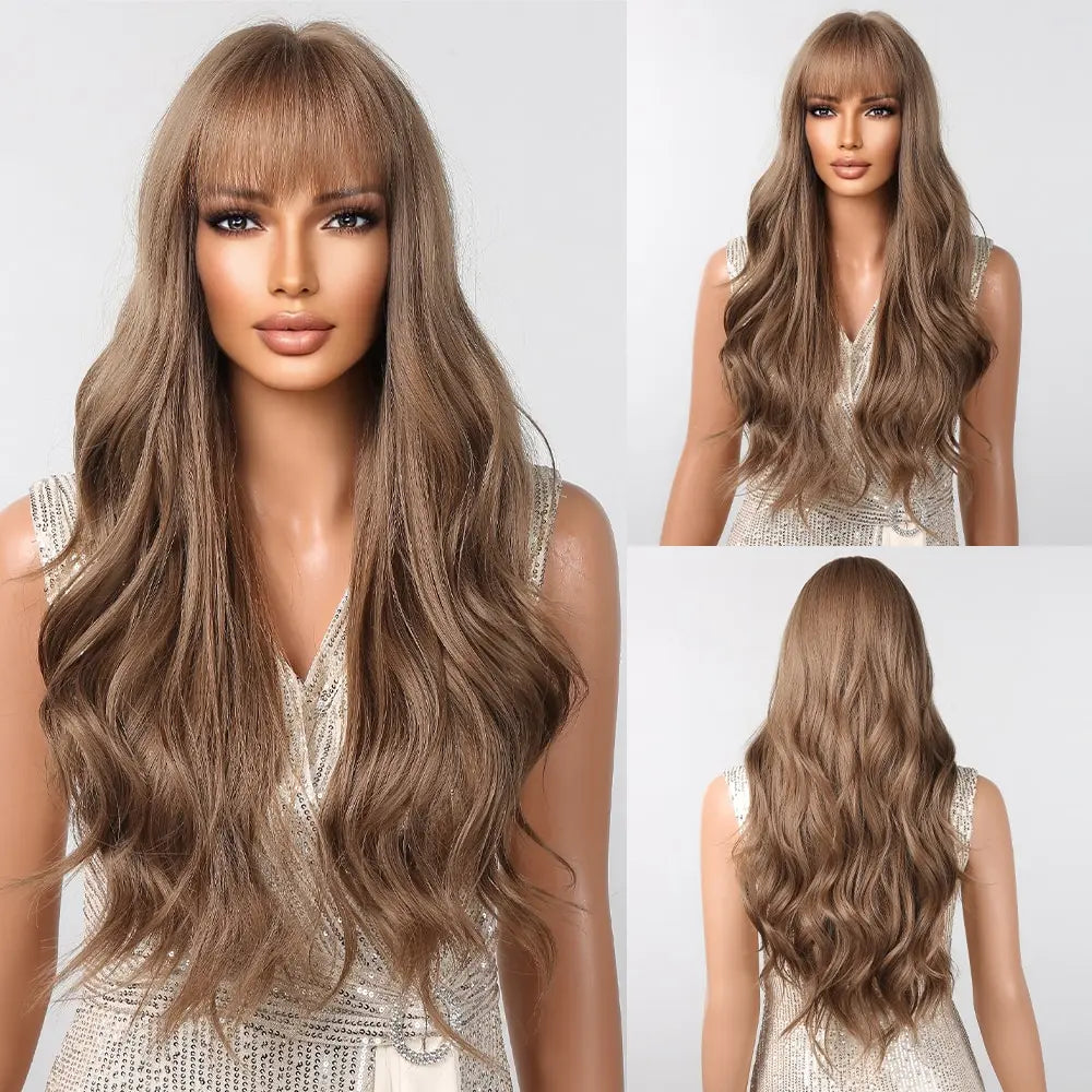 Brown Wavy Wigs for Women with Bangs Long Natural Synthetic Hair Wig Daily Cosplay Heat Resistant