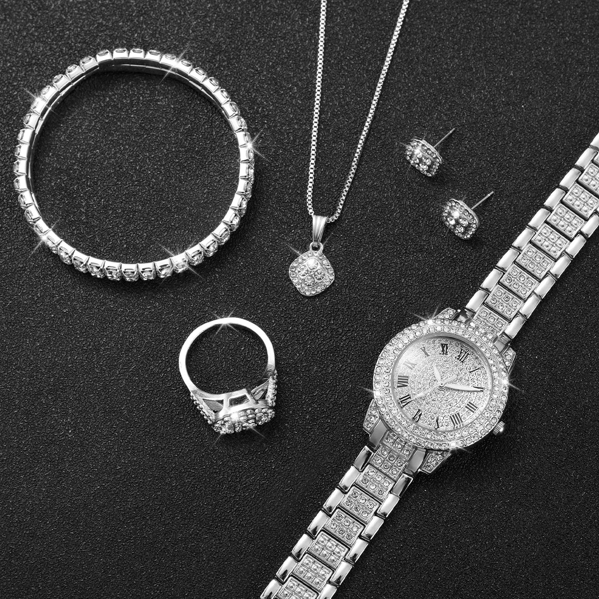 6PCS/Set Women's Watch Fashion Full Diamond Steel Band Analog Quartz Watches Jewelry Set(Without Box)