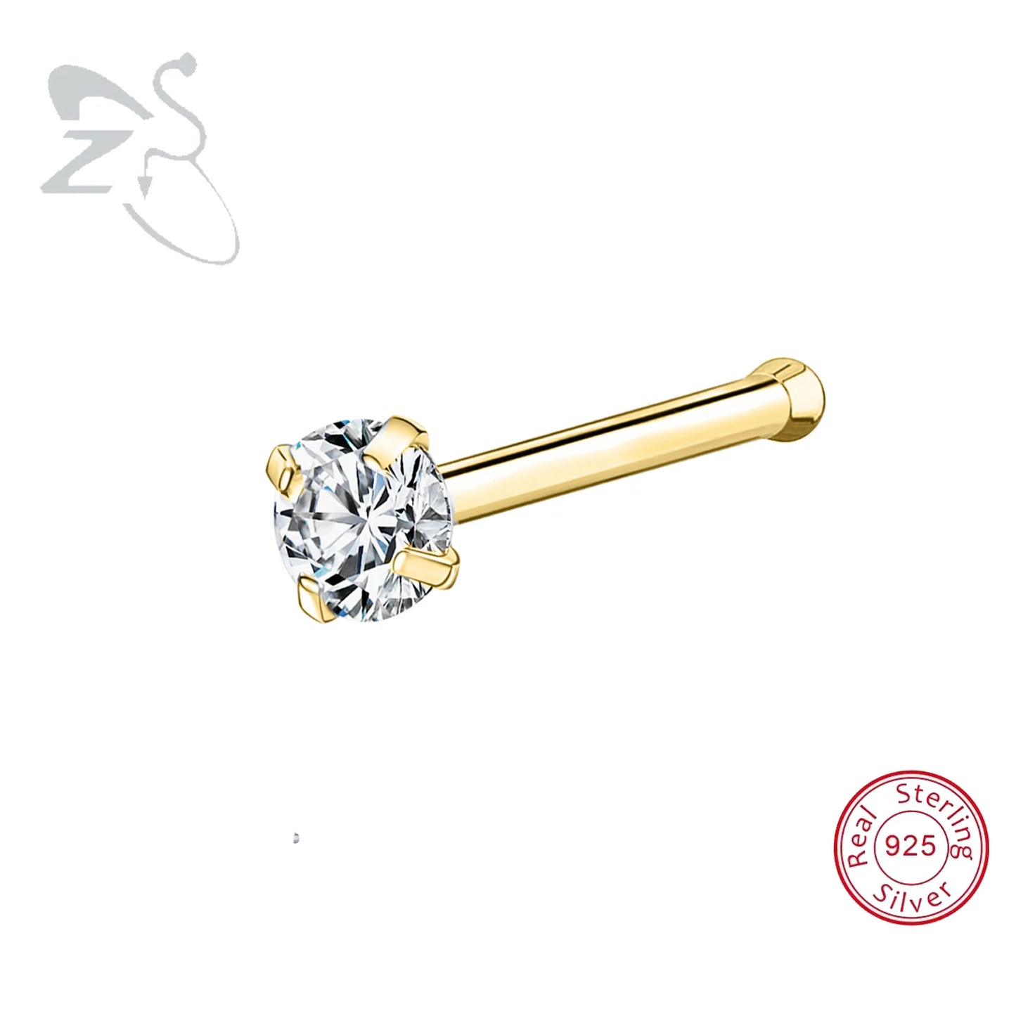 ZS 1PC 18/20G 925 Sterling Silver Nose Stud Gold Color Crystal Nose Piercings Screw L-Shape Retainer Nostril Piercing 2-3.5mm