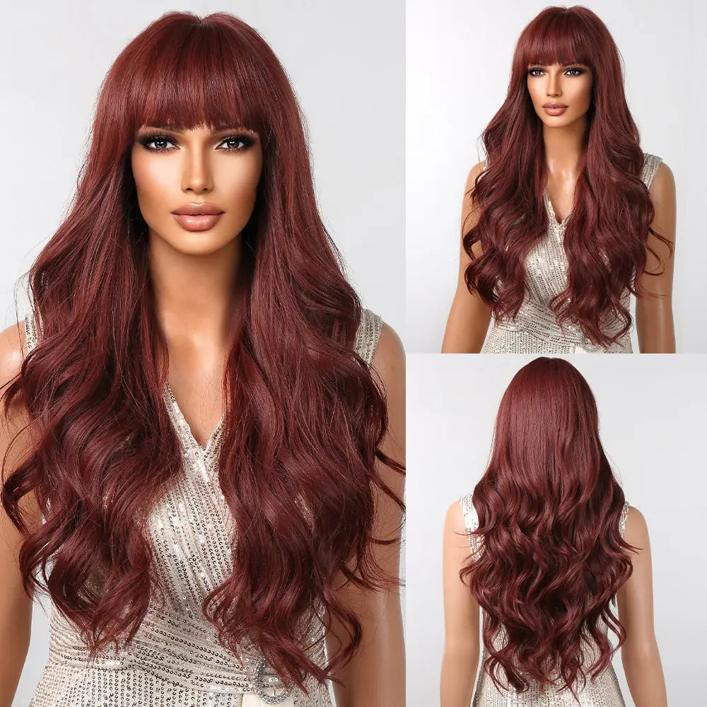 Brown Wavy Wigs for Women with Bangs Long Natural Synthetic Hair Wig Daily Cosplay Heat Resistant