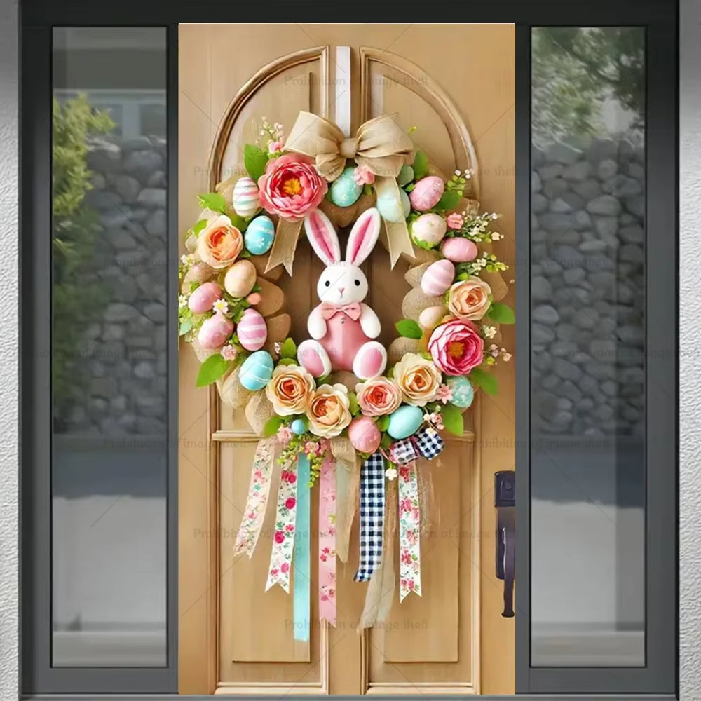 Happy Easter Theme Background Spring Door Cover Wreath Design Veranda Bunny Flower Eggs Cute Rabbit Baby Party Decoration Gift