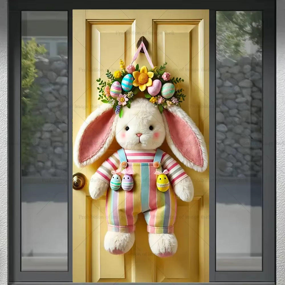 Happy Easter Theme Background Spring Door Cover Wreath Design Veranda Bunny Flower Eggs Cute Rabbit Baby Party Decoration Gift