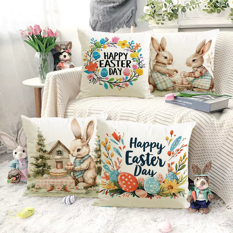 Easter Cute Bunny Print Pattern Home Decor Pillowcase Bedroom Living Room Sofa Decoration Polyester Cushion Cover with Zipper