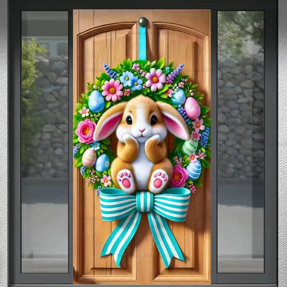 Happy Easter Theme Background Spring Door Cover Wreath Design Veranda Bunny Flower Eggs Cute Rabbit Baby Party Decoration Gift