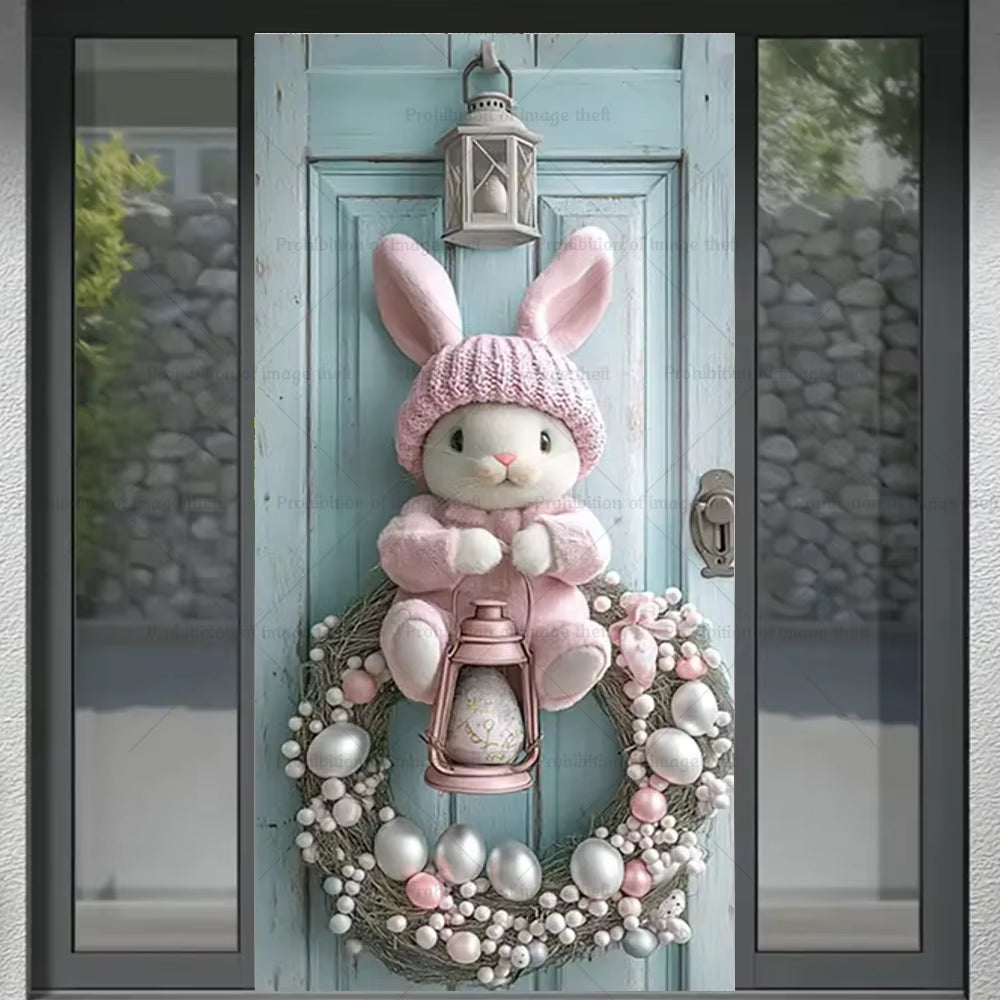 Happy Easter Theme Background Spring Door Cover Wreath Design Veranda Bunny Flower Eggs Cute Rabbit Baby Party Decoration Gift