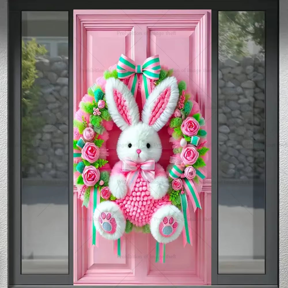 Happy Easter Theme Background Spring Door Cover Wreath Design Veranda Bunny Flower Eggs Cute Rabbit Baby Party Decoration Gift