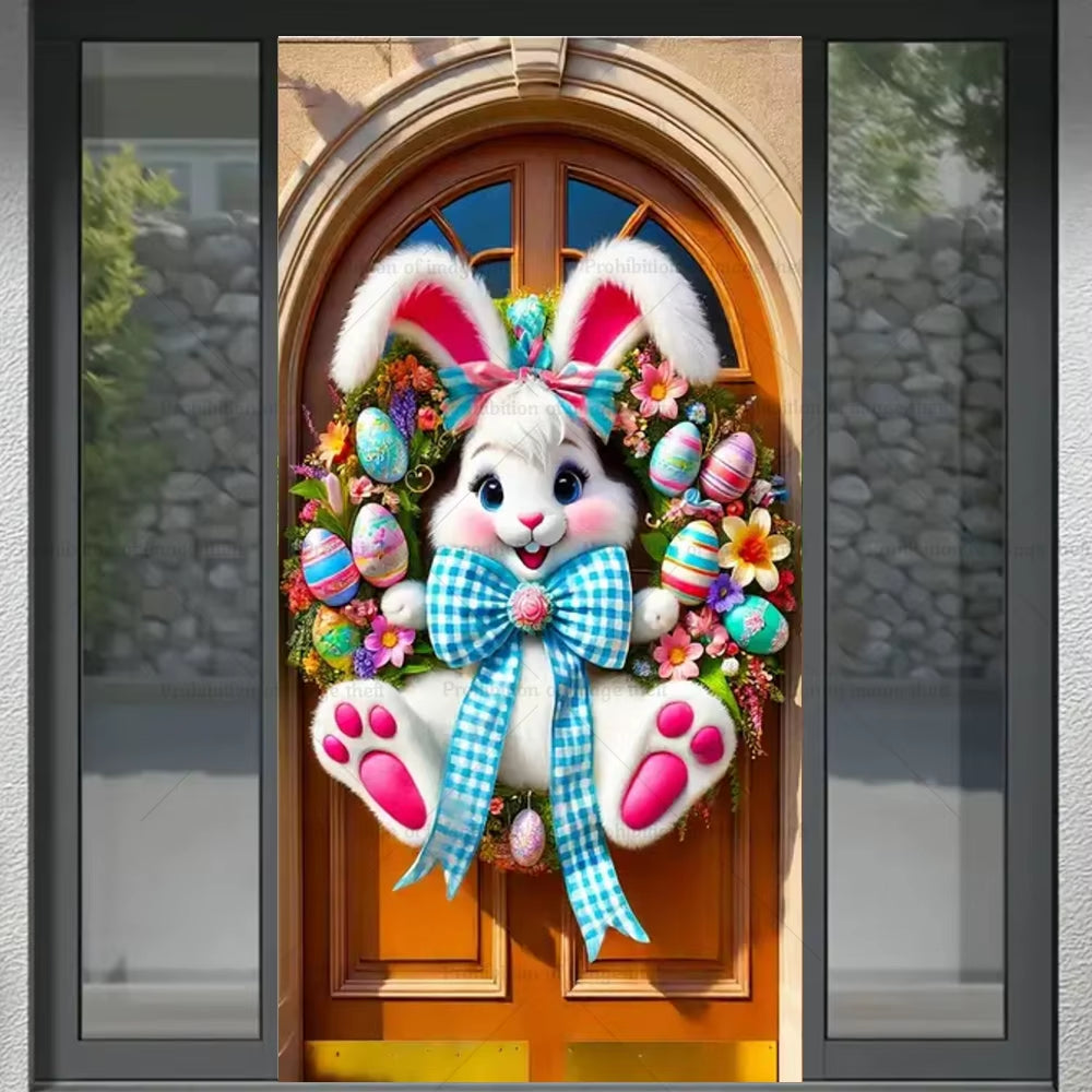 Happy Easter Theme Background Spring Door Cover Wreath Design Veranda Bunny Flower Eggs Cute Rabbit Baby Party Decoration Gift